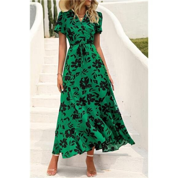 PRETTYGARDEN Women's Summer Wrap Maxi Dress Casual Boho Floral V Neck Short - Picture 4 of 7